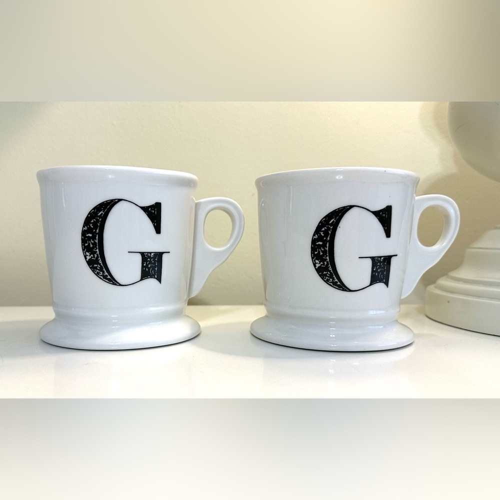 2 ANTHROPOLOGIE Monogram Initial Coffee Mugs Cups Ceramic Stoneware White Black